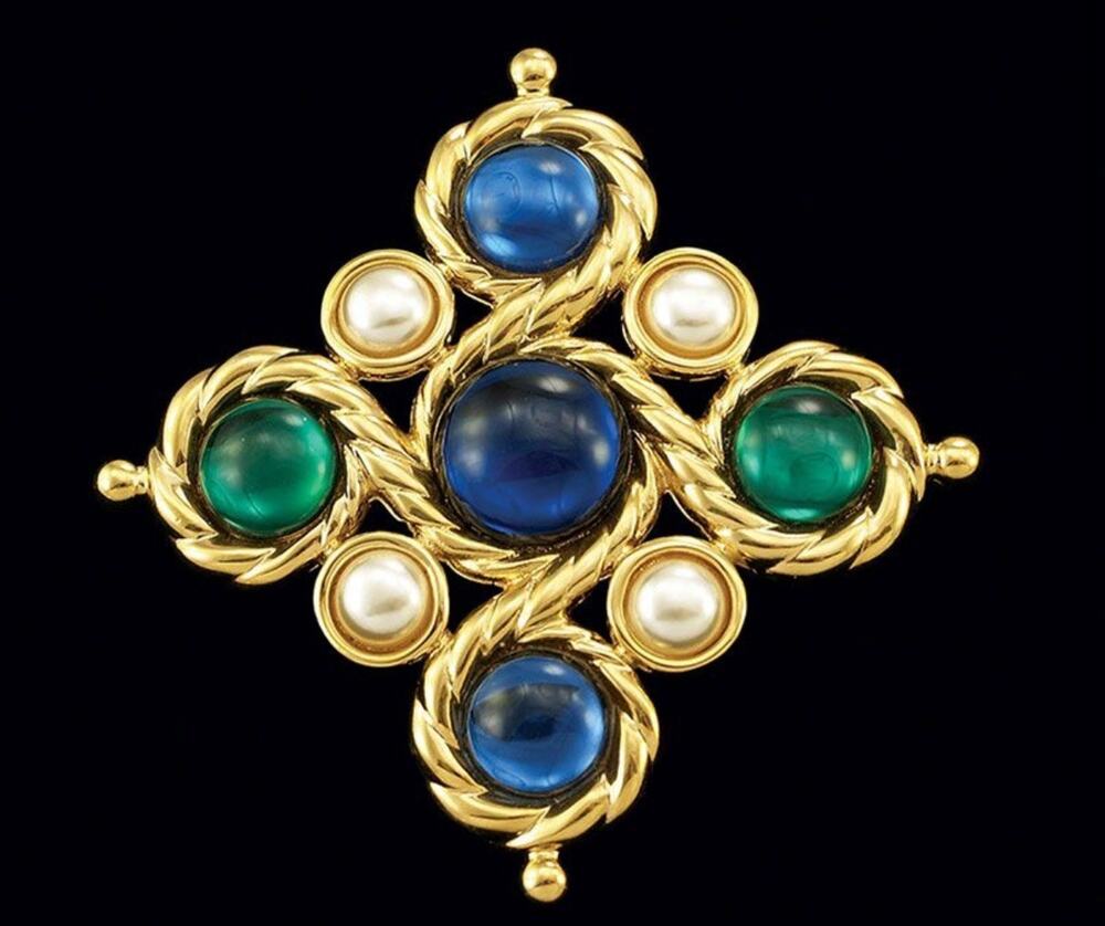 VTG 1990 Napier BOOK PIECE Cabochon Brooch Byzantium Cross Collection Pin Gld Bl